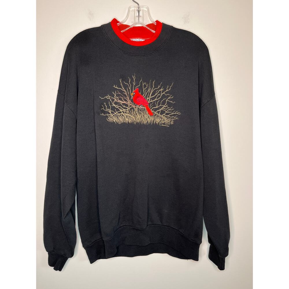 1990s Morning Sun Embroidered Cardinal Winter Woodland Bird Granny Sweatshirt XL